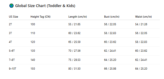 Sea Star princess costume size chart with age, height in cm, US and EU sizes β Magic Tree Kids