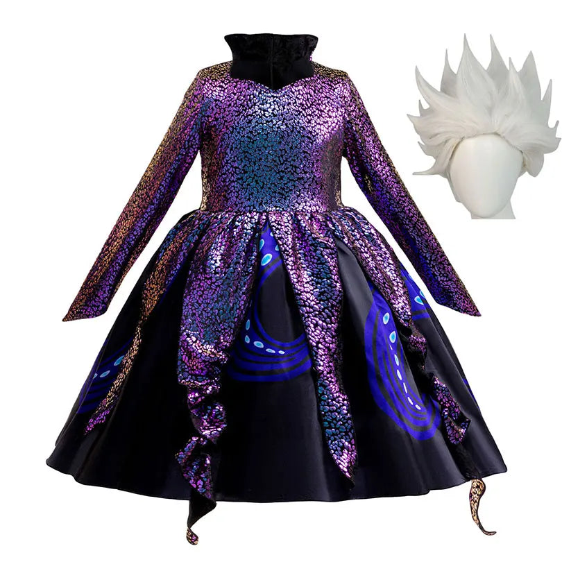 Girls' sea witch costume dress in bold black with wig from Magic Tree Kids