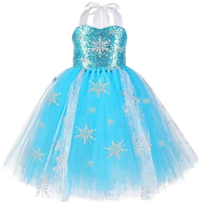 Sparkling sky blue snow queen costume dress for girls' birthdays