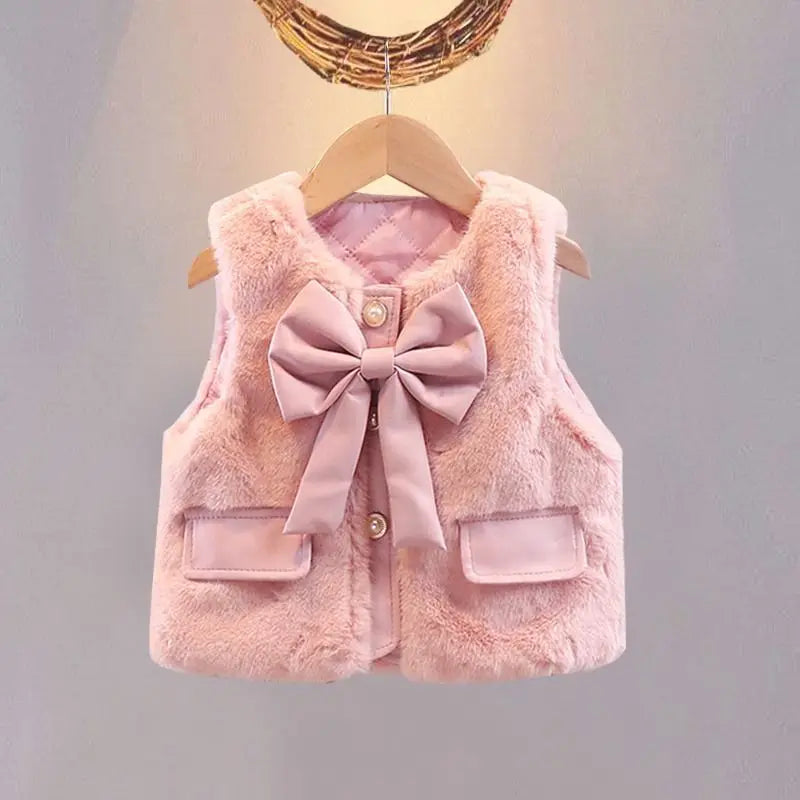 Toddler girl pink faux fur vest with faux leather bow