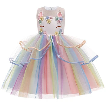 Whimsical unicorn party dress for girls in a magical color option
