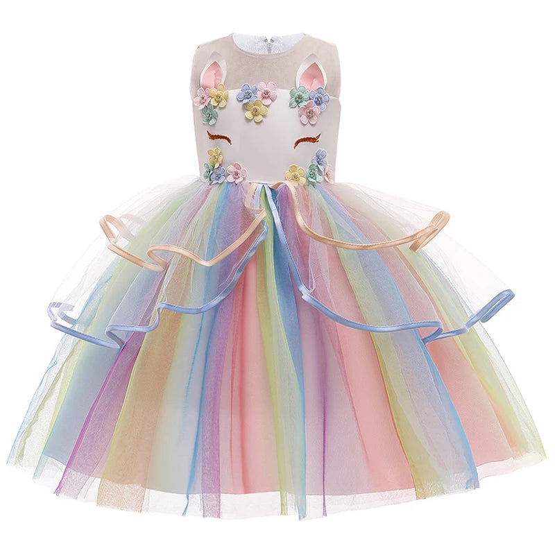 Girls' unicorn party dress with rainbow colors and ball-gown silhouette