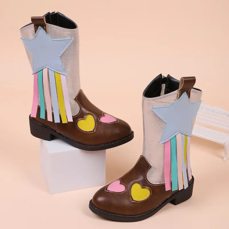 Side view of girls' brown riding boots with easy side zip