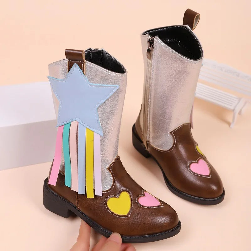 Flat-soled brown mid-calf boots for little girls' adventures