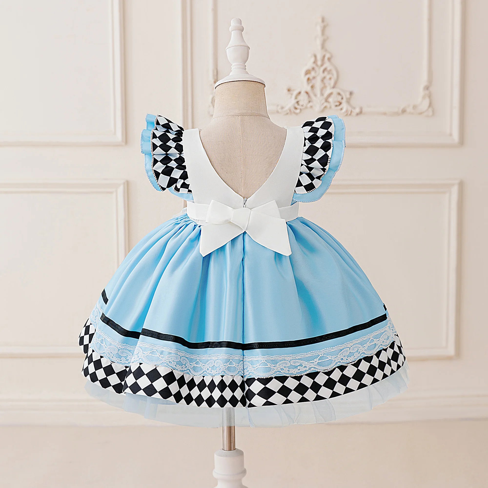 Girls' blue storybook party dress with short sleeves and full skirt