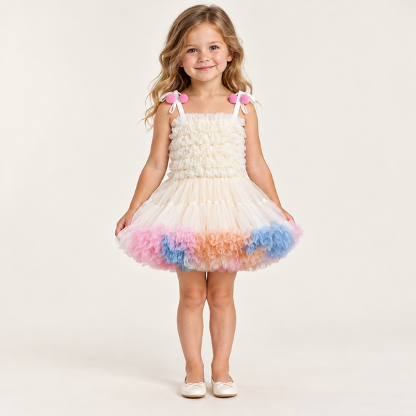 Rainbow Ruffle Pompom Tutu Dress