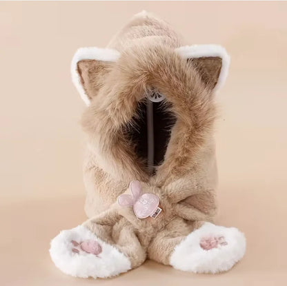 Sciarpa con cappuccio in peluche beige per bambini