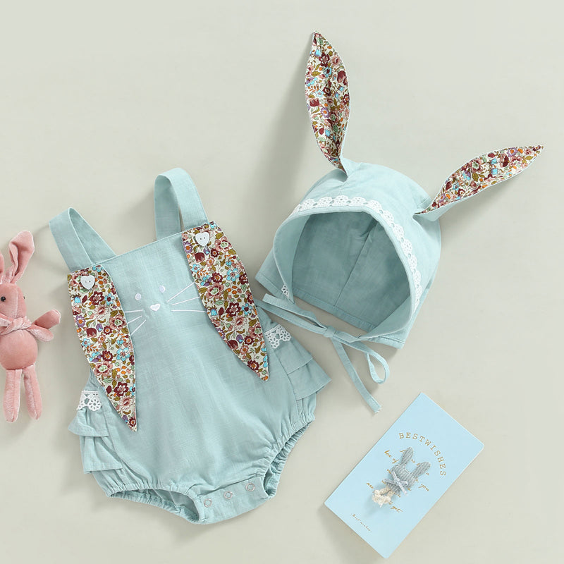 Baby Bunny Romper Set with Bonnet – Soft Blue