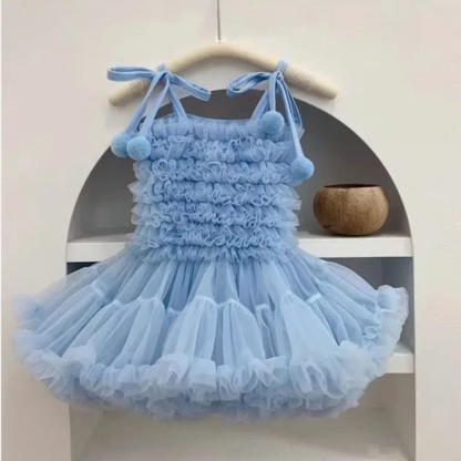 Blue Ruffle Pompom Tutu Dress