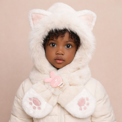 Sciarpa con cappuccio in peluche beige per bambini
