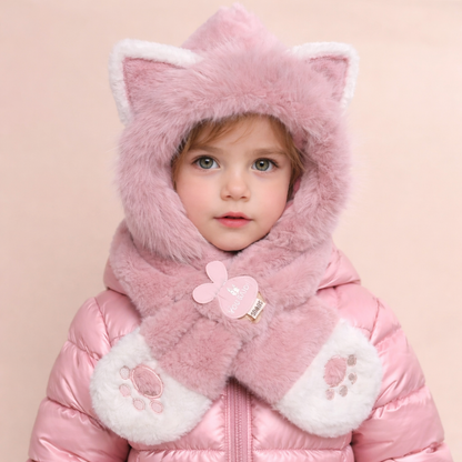 Sciarpa con cappuccio in peluche per bambini a forma di gattino rosa cipria