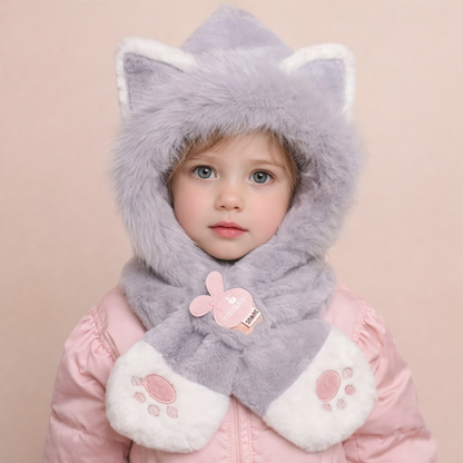 Sciarpa con cappuccio in peluche Grey Kitty per bambini