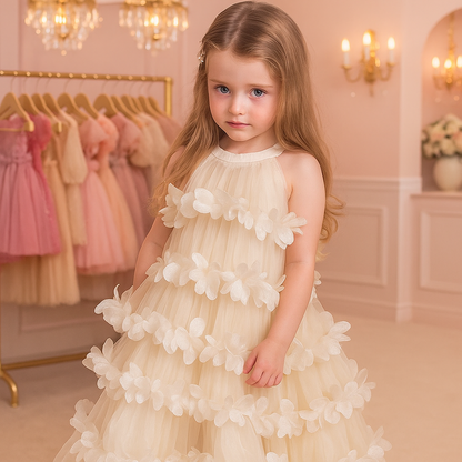 Vestido de fiesta infantil con pétalos dorados
