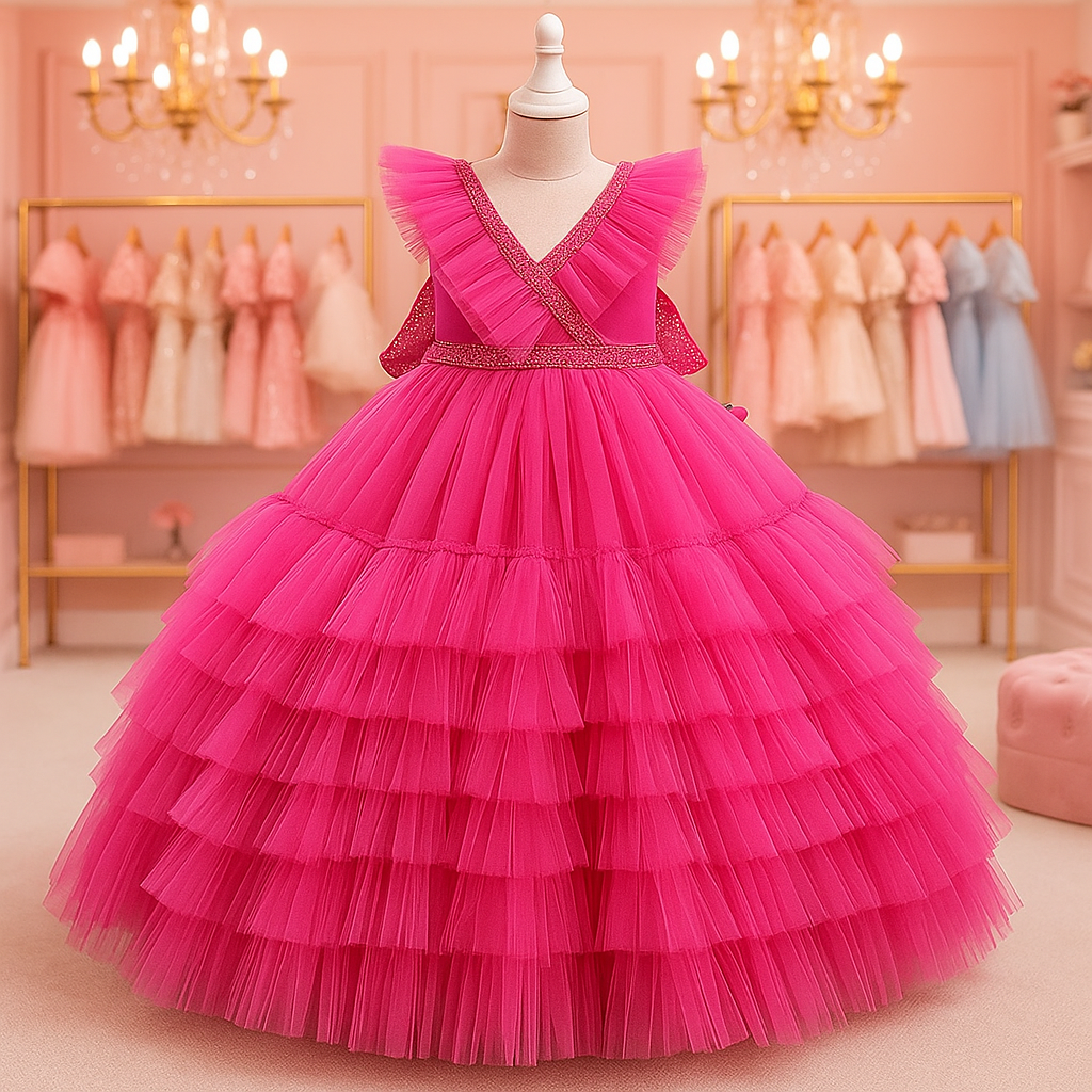 Long Princess Luxury Layered Tulle Party Dress for Girls
