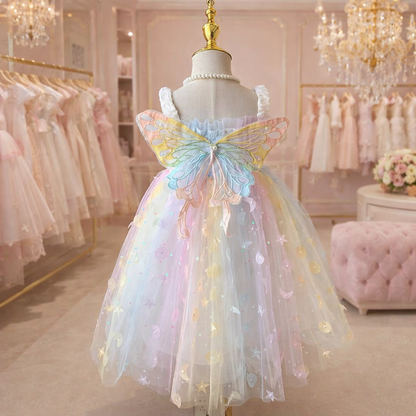 Girls’ Rainbow Princess Dress with Butterfly Wings