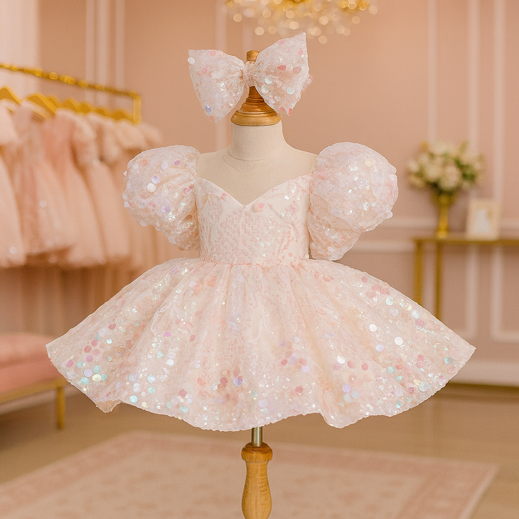 Girls Sparkly Sequin Princess Dress with Bow