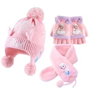 Set invernale con cappello, sciarpa e guanti della principessa del ghiaccio rosa