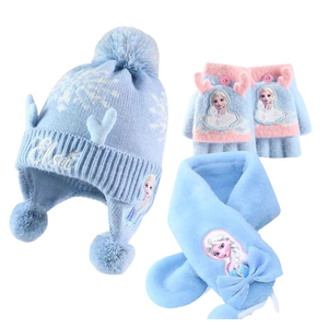 Set invernale per bambini composto da 3 pezzi: cappello, sciarpa e guanti azzurri