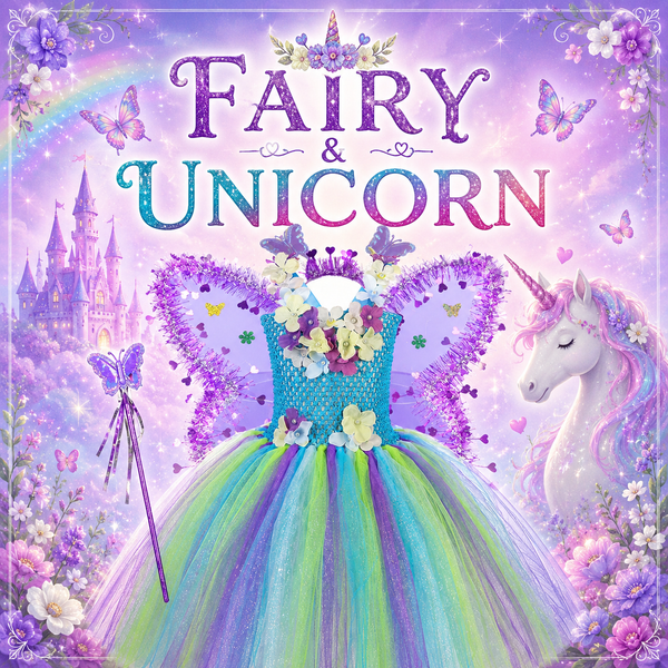 Fairy and unicorn costumes for girls - rainbow tutu dress with wings and wand