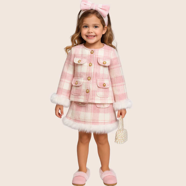 Completo per bambine in plaid rosa e pelliccia sintetica