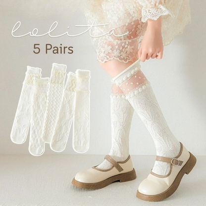 Lolita Textured Knee-High Socks Set – 5 Pairs of Romantic Elegance for Girls