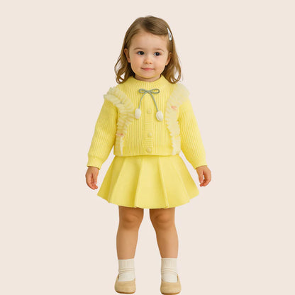 Yellow Knitted Outfit for Girls with Pleated Skirt