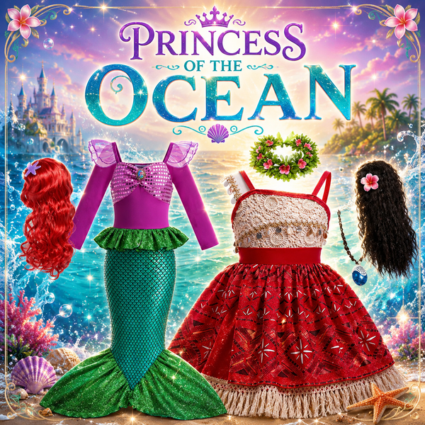 Ocean princess costumes for girls - mermaid tail and island princess dress