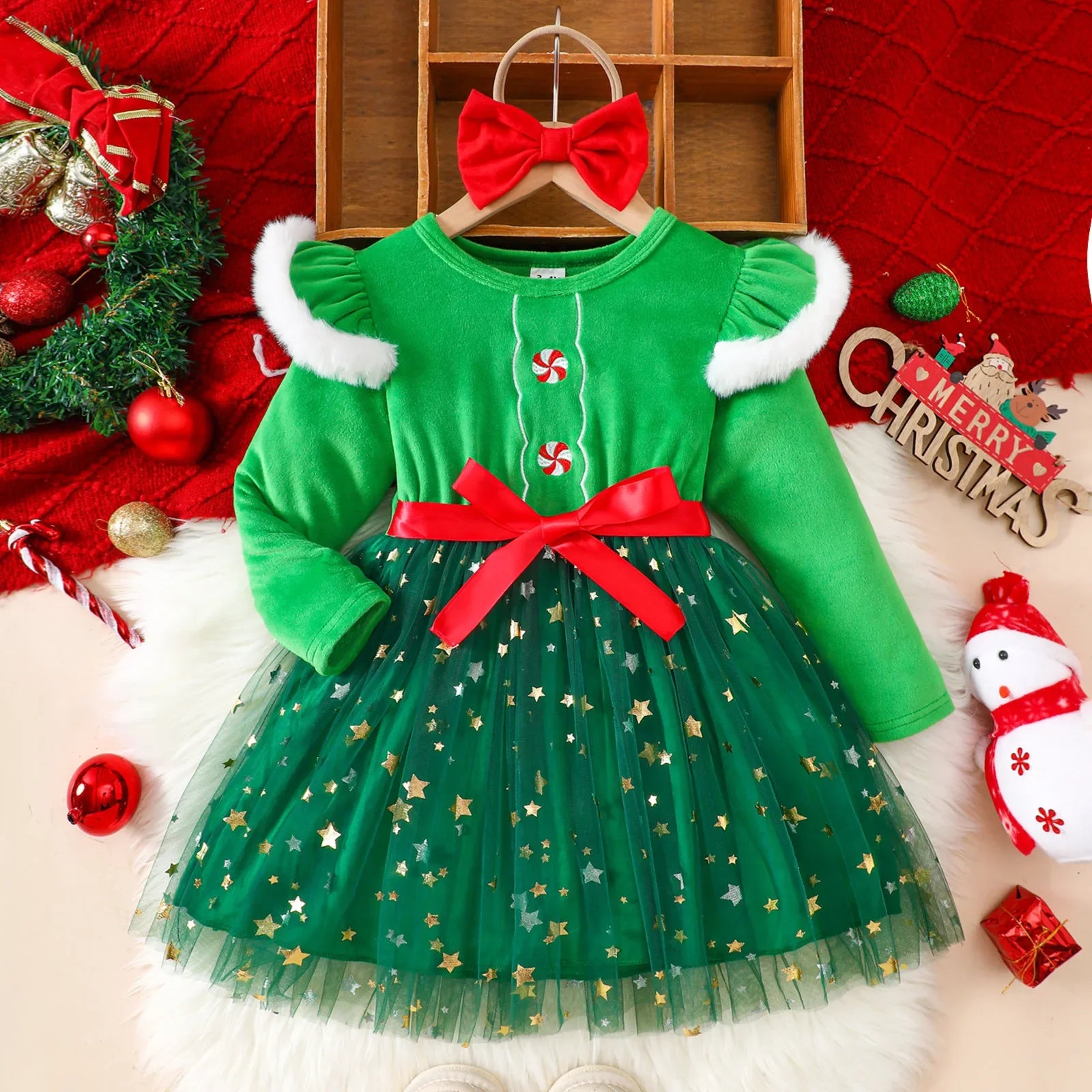 Christmas Elf Tulle Dress with Headband