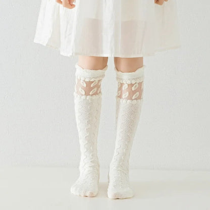 Lolita Textured Knee-High Socks Set – 5 Pairs of Romantic Elegance for Girls