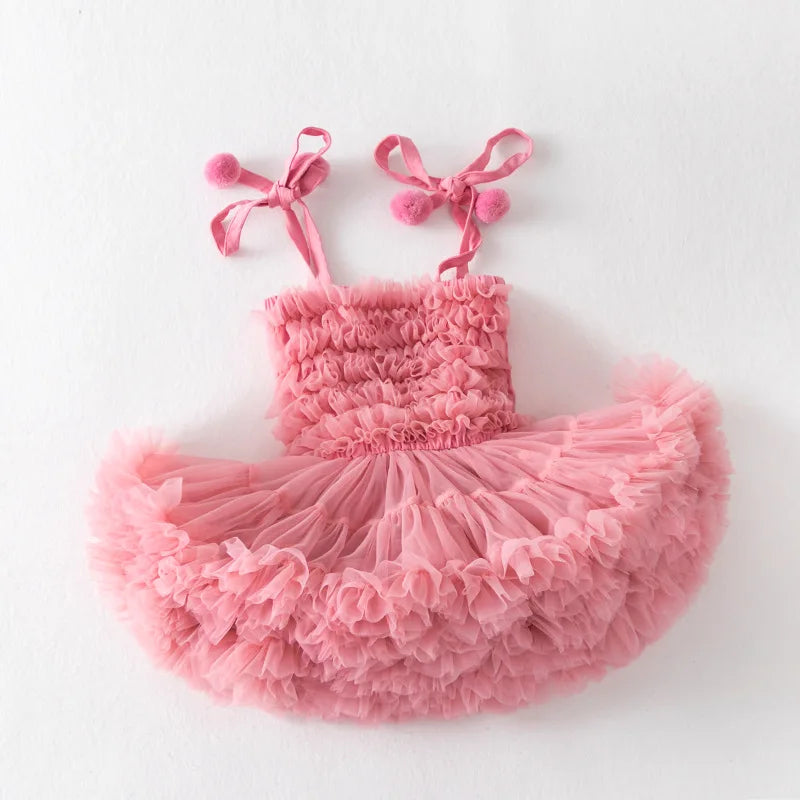 Pink & Purple Ruffle Pompom Tutu Dress