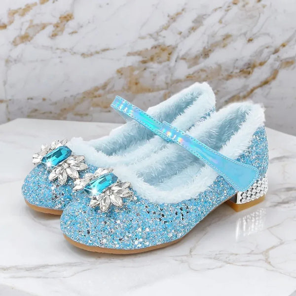 Kids Glitter Princess Shoes with Faux Fur and Jewels
