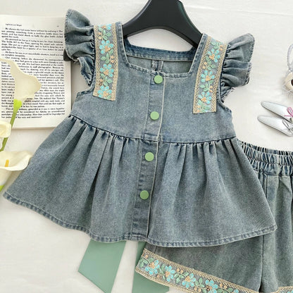 Completo per bambine con fiocco verde in denim floreale