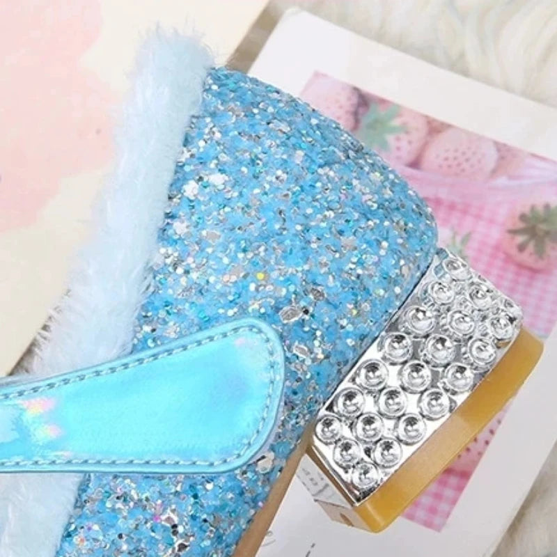 Kids Glitter Princess Shoes with Faux Fur and Jewels