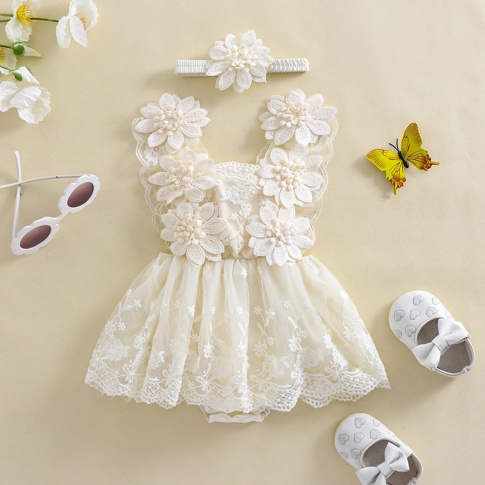 Conjunto de mameluco para bebé con encaje de flores 3D