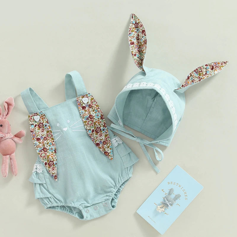 Baby Bunny Romper Set with Bonnet – Soft Blue