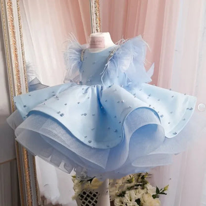 Traumprinzessin Blaues Mädchenkleid mit Perlen und Tüll 