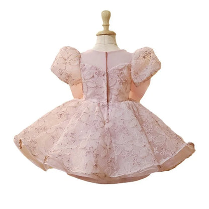 Vestido de fiesta infantil con lazo rosado encantado 