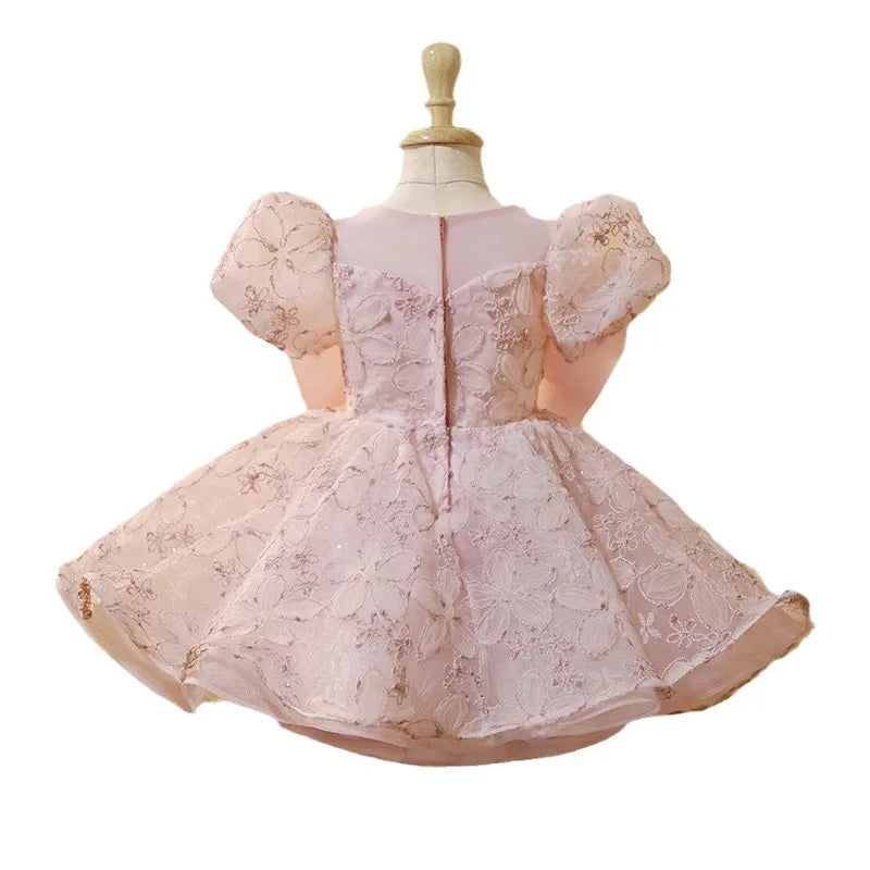 Vestido de fiesta infantil con lazo rosado encantado 