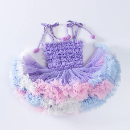 Pink & Purple Ruffle Pompom Tutu Dress