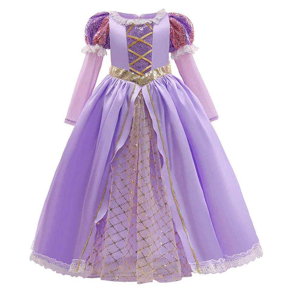 Langärmliges Märchenprinzessinnenkleid – Flieder &amp; Gold