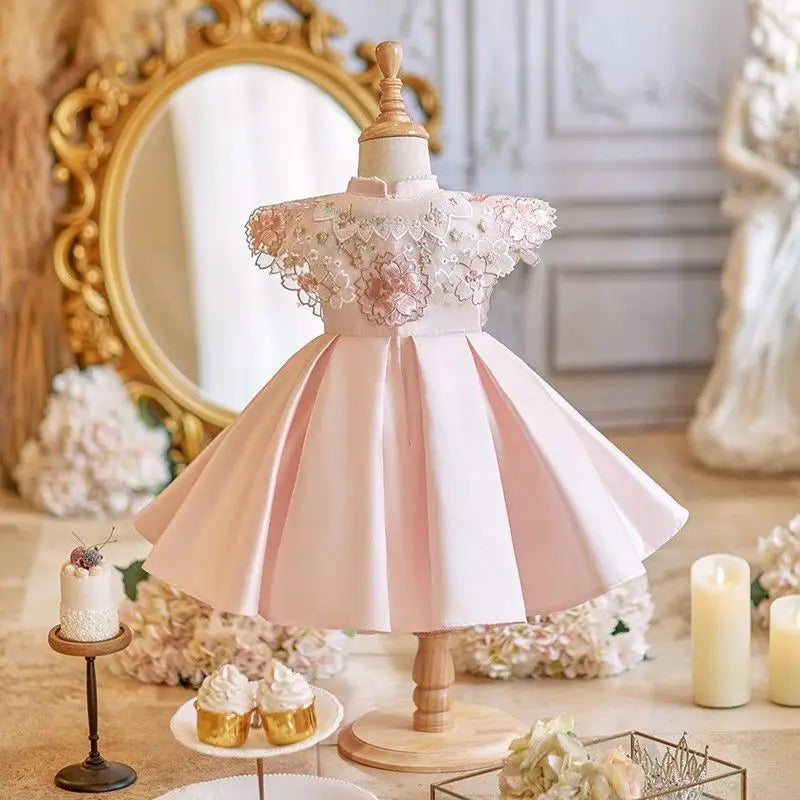 Vintage Pink Party Dress with Floral Cape