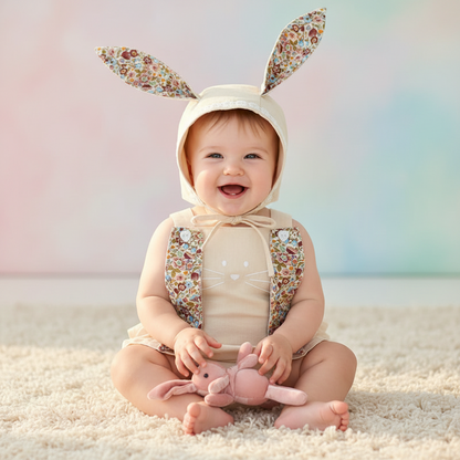 Baby Bunny Romper Set with Bonnet – Soft Beige