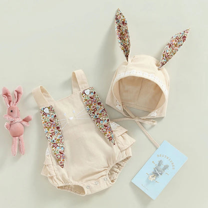 Baby Bunny Romper Set with Bonnet – Soft Beige