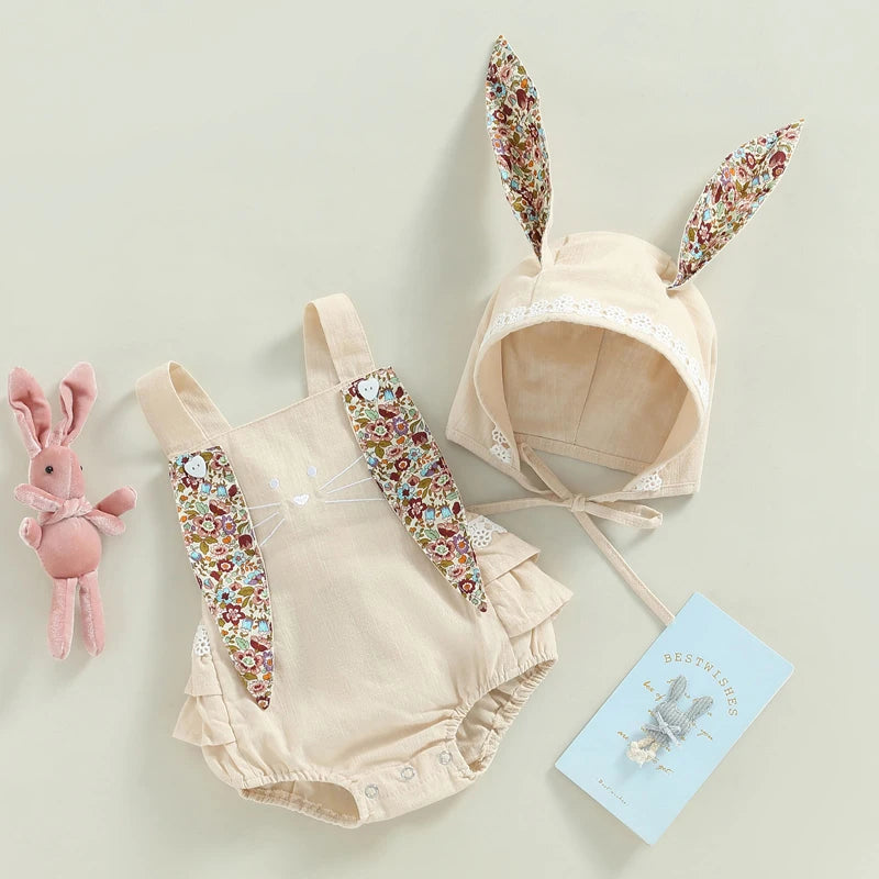 Baby Bunny Romper Set with Bonnet – Soft Beige
