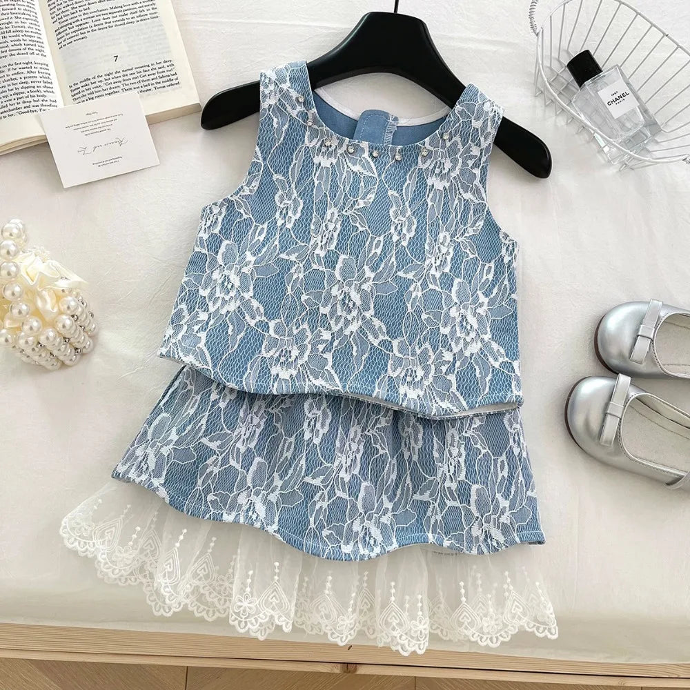 Lace Blossom Blue & White Girls Set