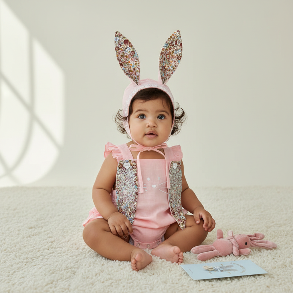 Baby Bunny Romper Set with Bonnet – Soft Pink