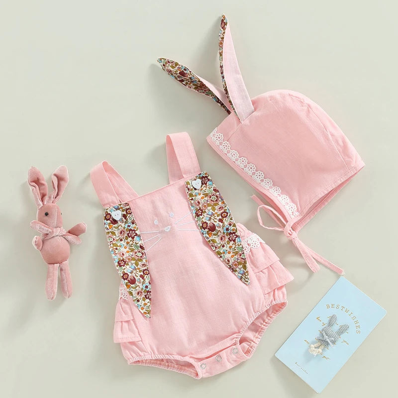 Baby Bunny Romper Set with Bonnet – Soft Pink