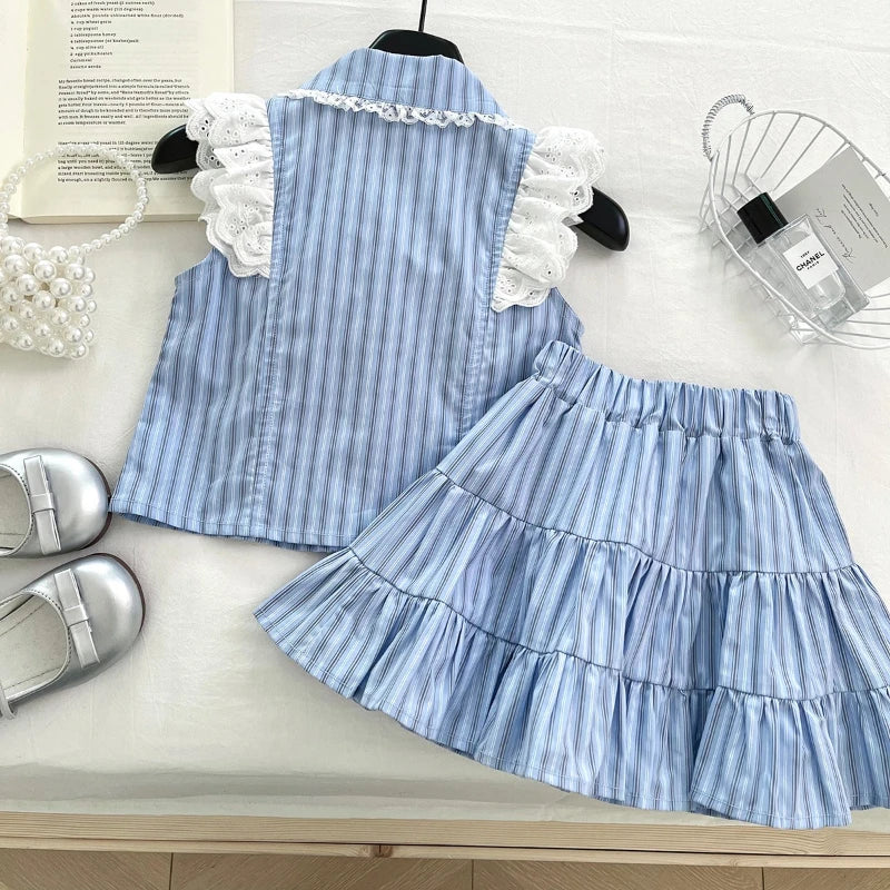 Bluebell Bow Girls Striped Skirt Set