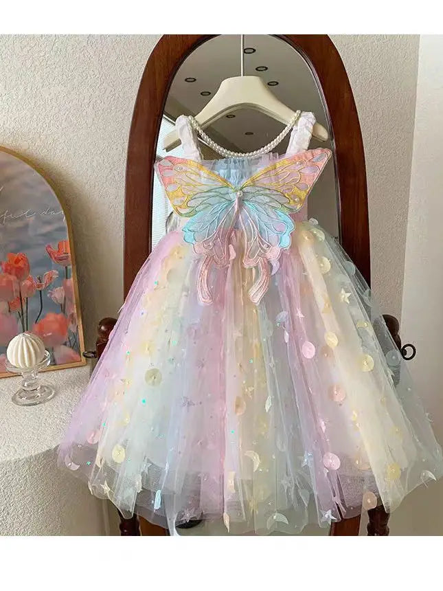 Girls’ Rainbow Princess Dress with Butterfly Wings