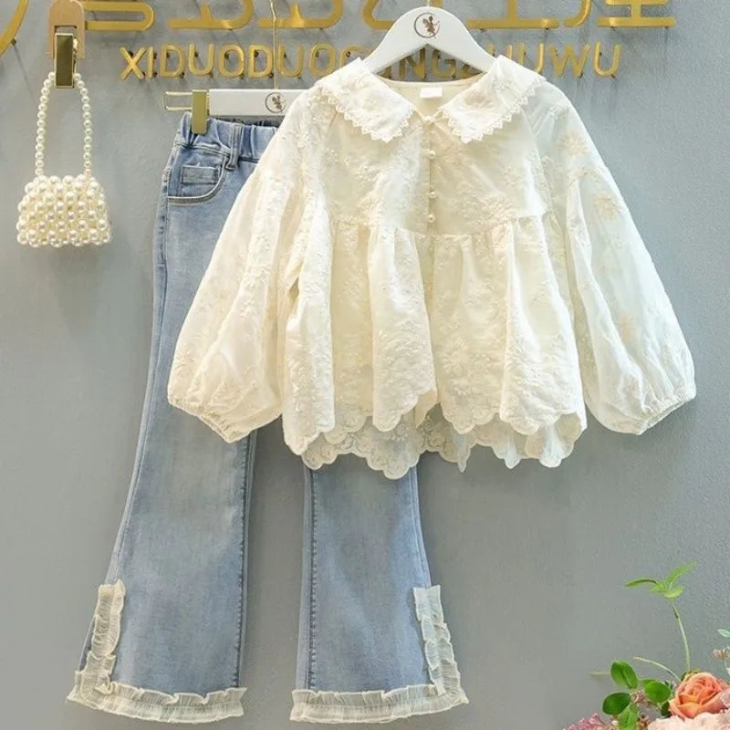 Lace Top & Ruffle Flare Jeans Set